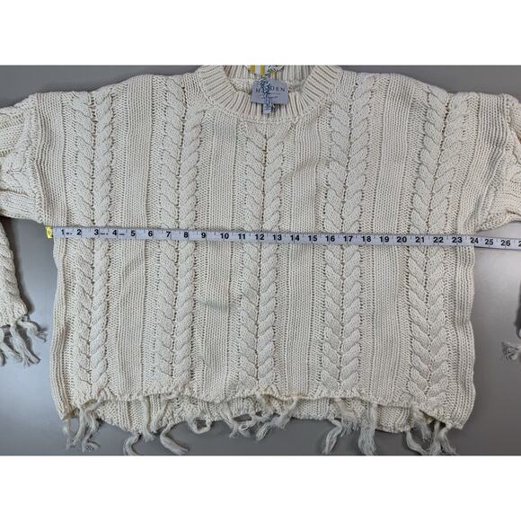 Hayden Los Angeles Womens Sweater Med Ivory Fisherman Chunky Knit Fringe Cropped - Picture 4 of 9